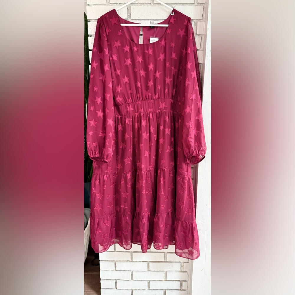 NWT Torrid Size 3X Red Purple Midi Clip Dot‎ Star Dress Balloon Sleeves Tiered